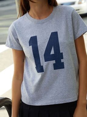 Brandy Melville Gray Short-Sleeve Tee with Navy '14' Graphic
